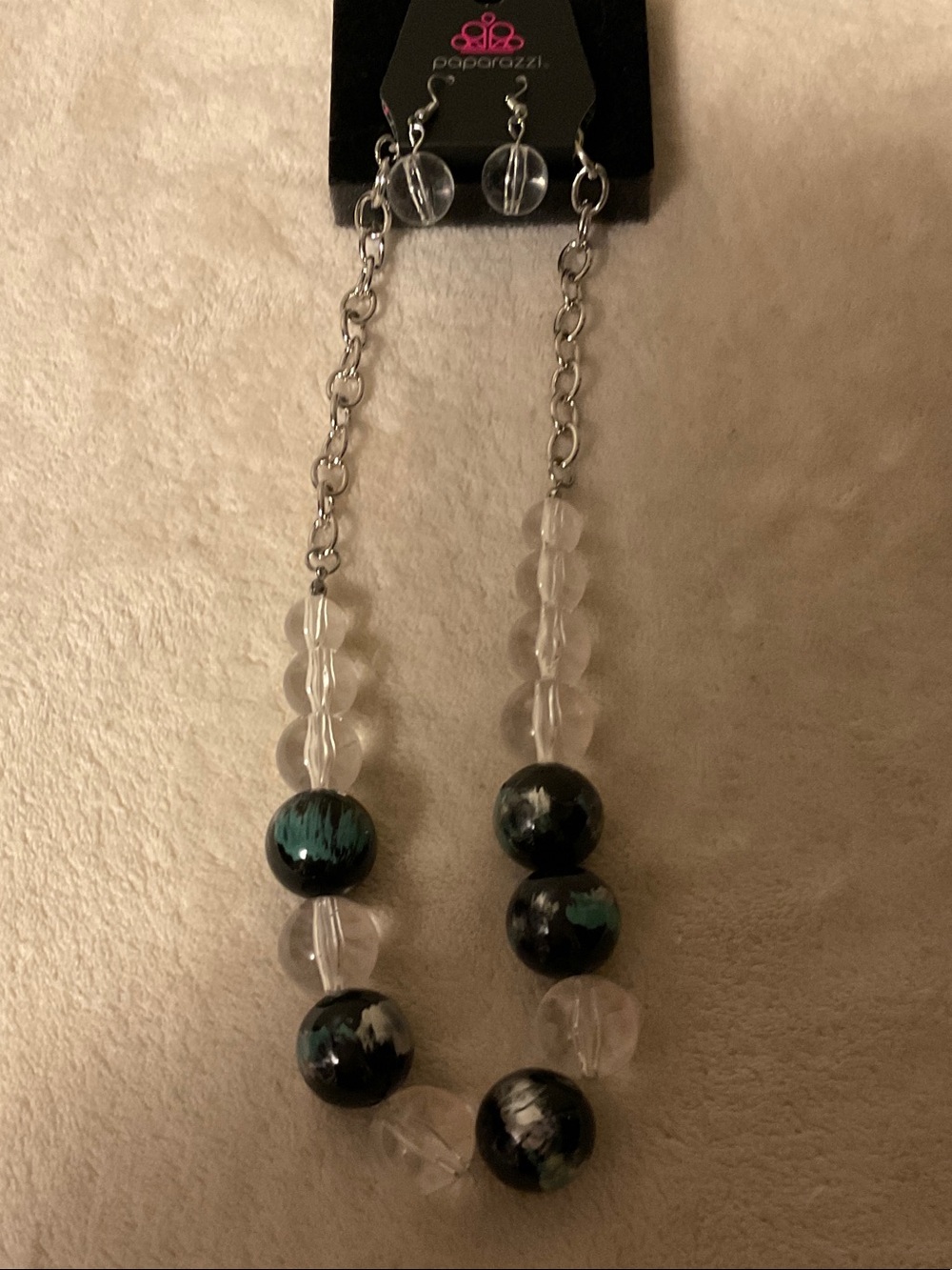 paparazzi Clear Bead Necklace with Black and Teal Accent Spheres